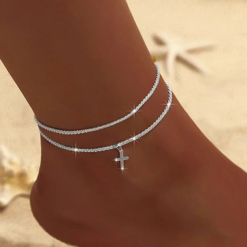 Chaîne de cheville scintillante de luxe - Ensemble chaîne de pied / collier / bracelet étoilé en zircon cubique pour femme - Cadeau minimaliste pour l'été et la plage