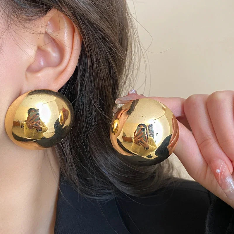 Boucles d'oreilles rondes lisses pour femmes, grande boule en métal, boucles d'oreilles géométriques classiques couleur or, accessoires de bijoux Vintage