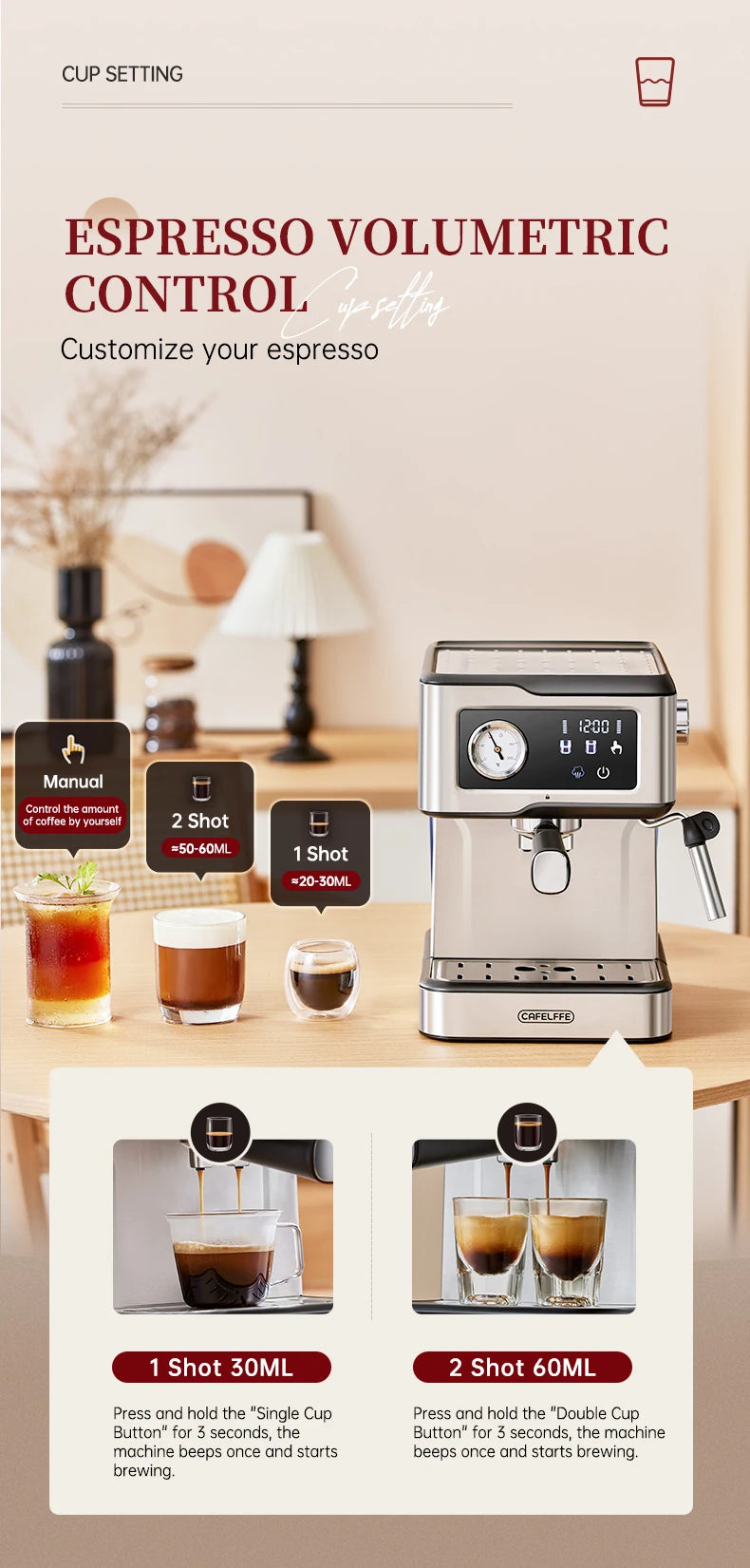 Cafelffe-Machine à expresso semi-automatique, machine à cappuccino, mousseur à lait, baguette à vapeur, cafetière, cadeau, 20 bars