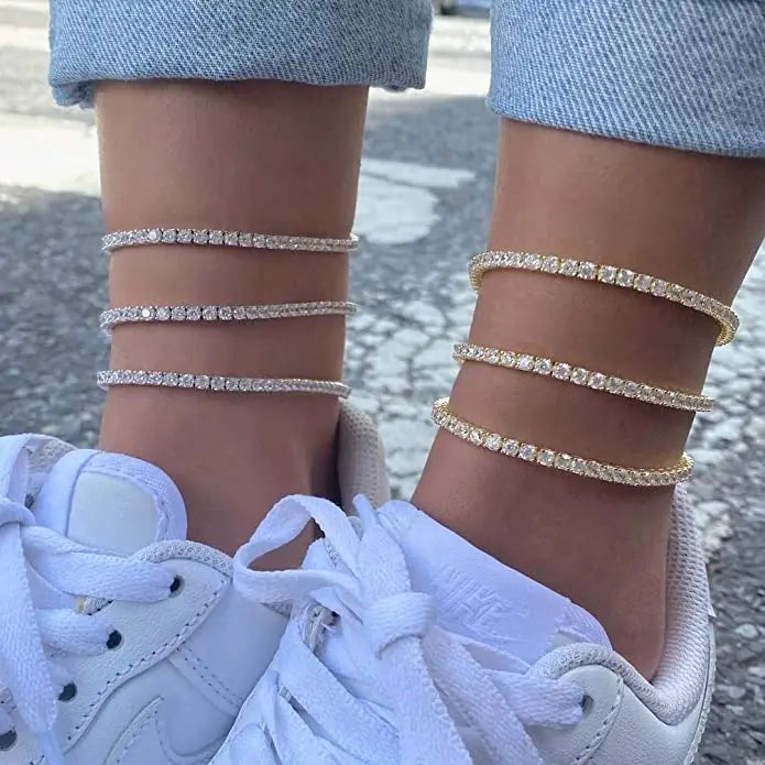 Bracelets de cheville en Zircon glacé pour femmes, éblouissants, 4mm, CZ, chaîne de Tennis, couleur argent, tendance, bijoux pour 2021 pieds, OHA001