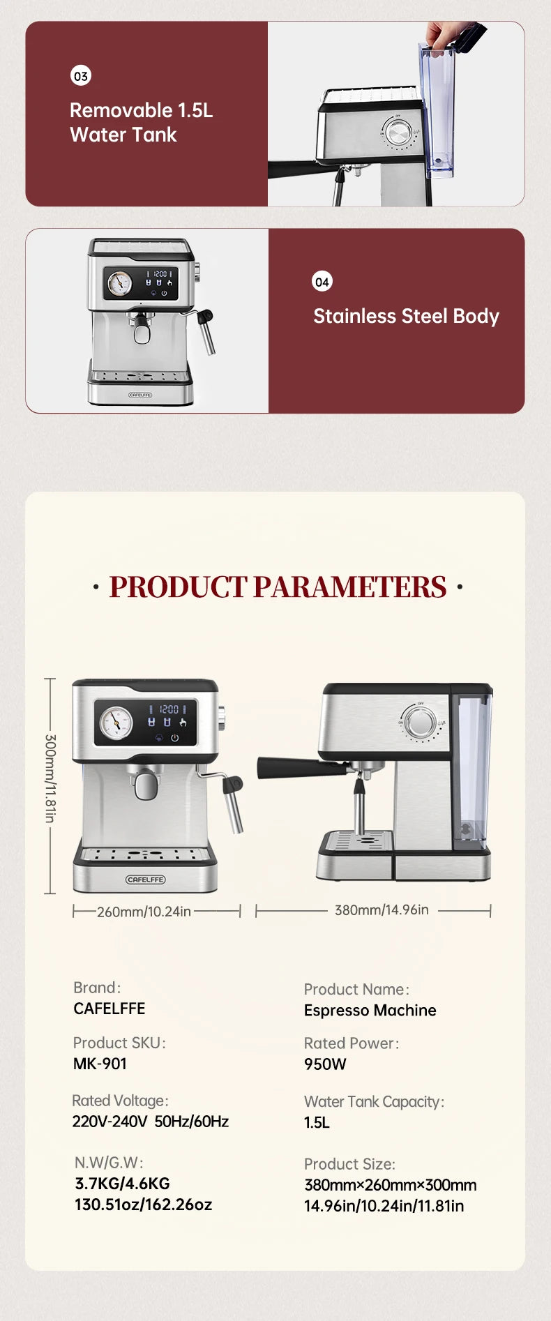 Cafelffe-Machine à expresso semi-automatique, machine à cappuccino, mousseur à lait, baguette à vapeur, cafetière, cadeau, 20 bars