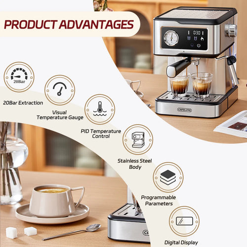 Cafelffe-Machine à expresso semi-automatique, machine à cappuccino, mousseur à lait, baguette à vapeur, cafetière, cadeau, 20 bars